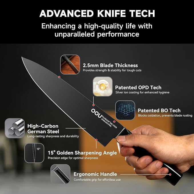 OOU Knife Set with Block and Sharpener, Dishwasher Safe Knife Set - Image 3