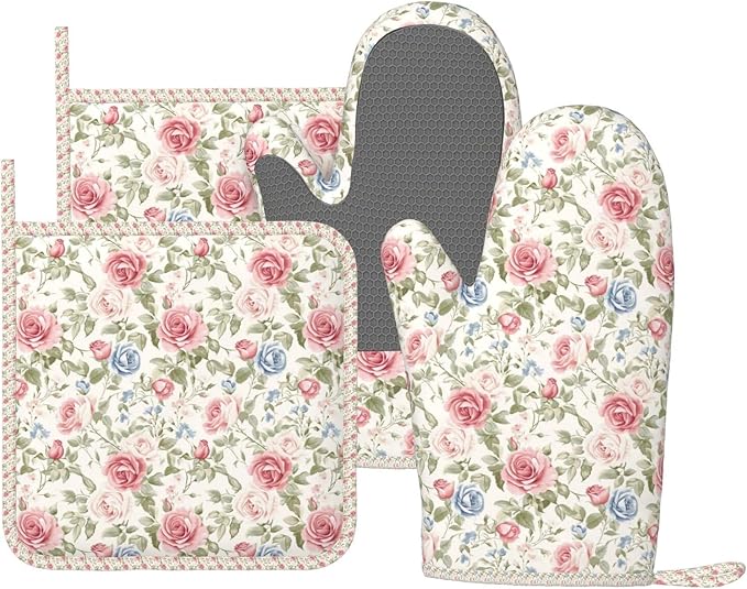 Oven Mitts and Pot Holders Flower Boho Rose Floral Silicone Kitchen Accessories by DADABULIU