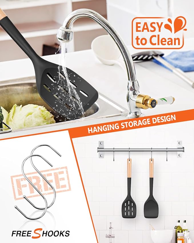 Pack of 2 Silicone Spatula, Non Stick Cooking Utensil Set Wooden Handle Kitchen - Image 4