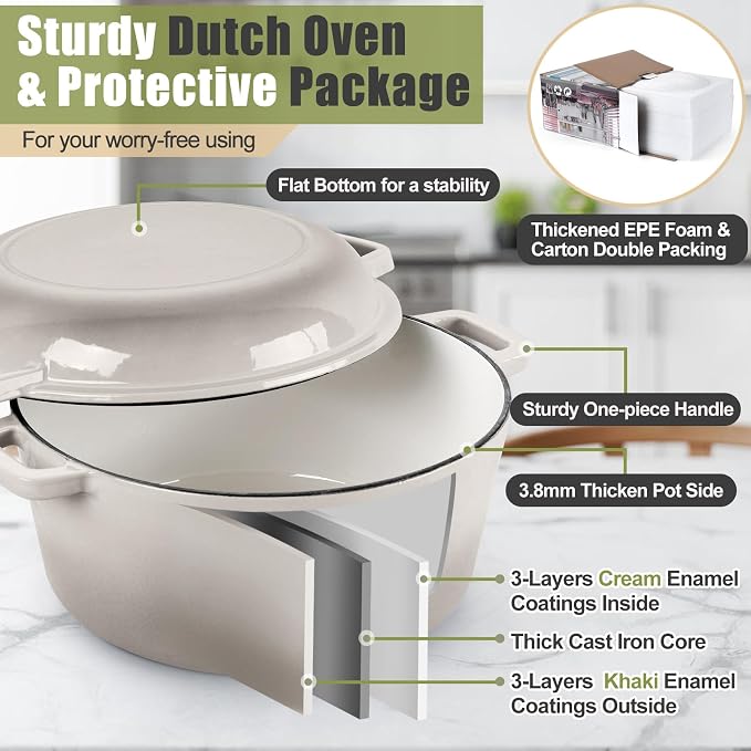 P&P CHEF 5Qt Dutch Oven Pot for Bread Baking, 2 In 1 Round Cast Iron Dutch Oven - Image 3