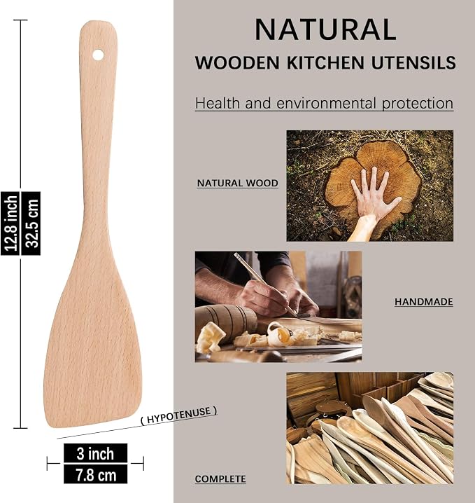 2PCS Wooden Spatulas for Cooking, 12.8inch Uncoated Beech Wood Turners for - Image 2