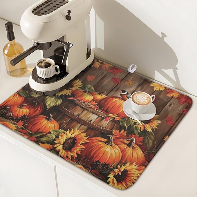 Fall Pumpkin Dish Drying Mat for Kitchen Counter Thanksgiving Autumn Harvest - Image 7