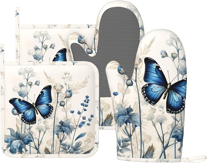 Oven Mitts and Pot Holders Butterfly Blue Flower Boho Silicone Kitchen by DADABULIU