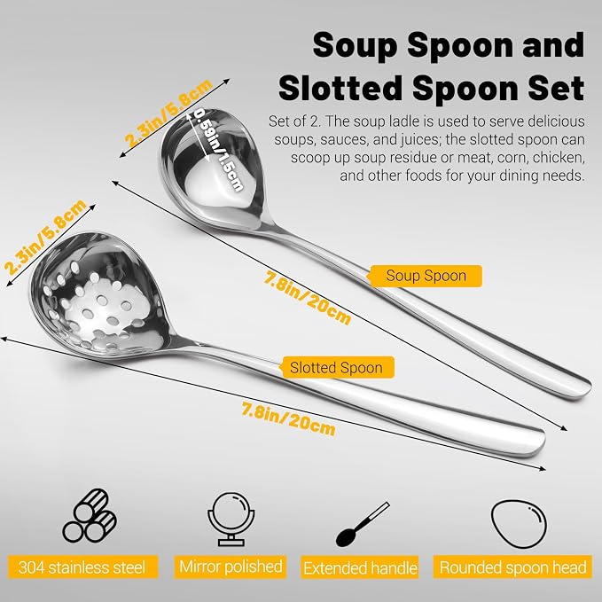 2Pcs Small Ladle and Slotted Spoon, Heavy Duty 304 Stainless Steel Gravy Ladle - Image 2