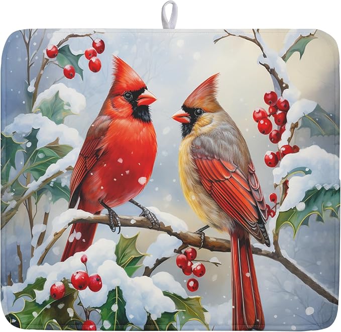 Winter Cardinal Birds Dish Drying Mat, Holly Berry Branches Dish Drying Mat by Kawani