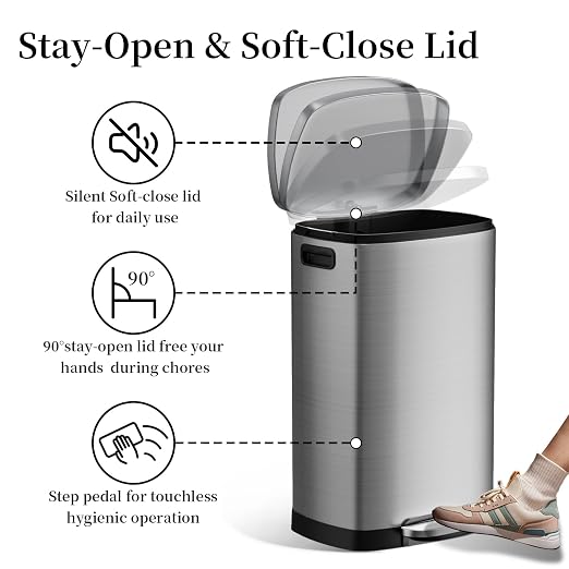 KdbK 13 Gallon Trash Can with Lid, 50L Fingerprint Proof Stainless Steel - Image 4