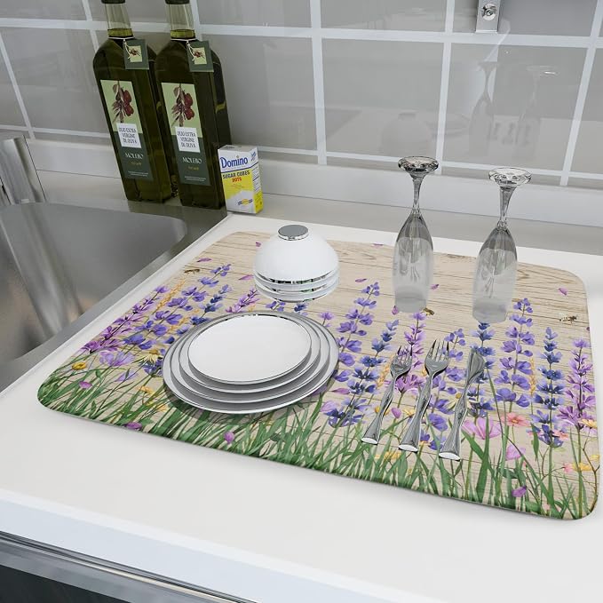 Lavender Floral Dish Drying Mat 18x24 inch Spring Summer Flower Decorative Fast - Image 6