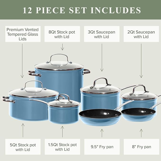 Nuwave Healthy Duralon Blue Ceramic Nonstick Cookware Set, Diamond Infused - Image 9