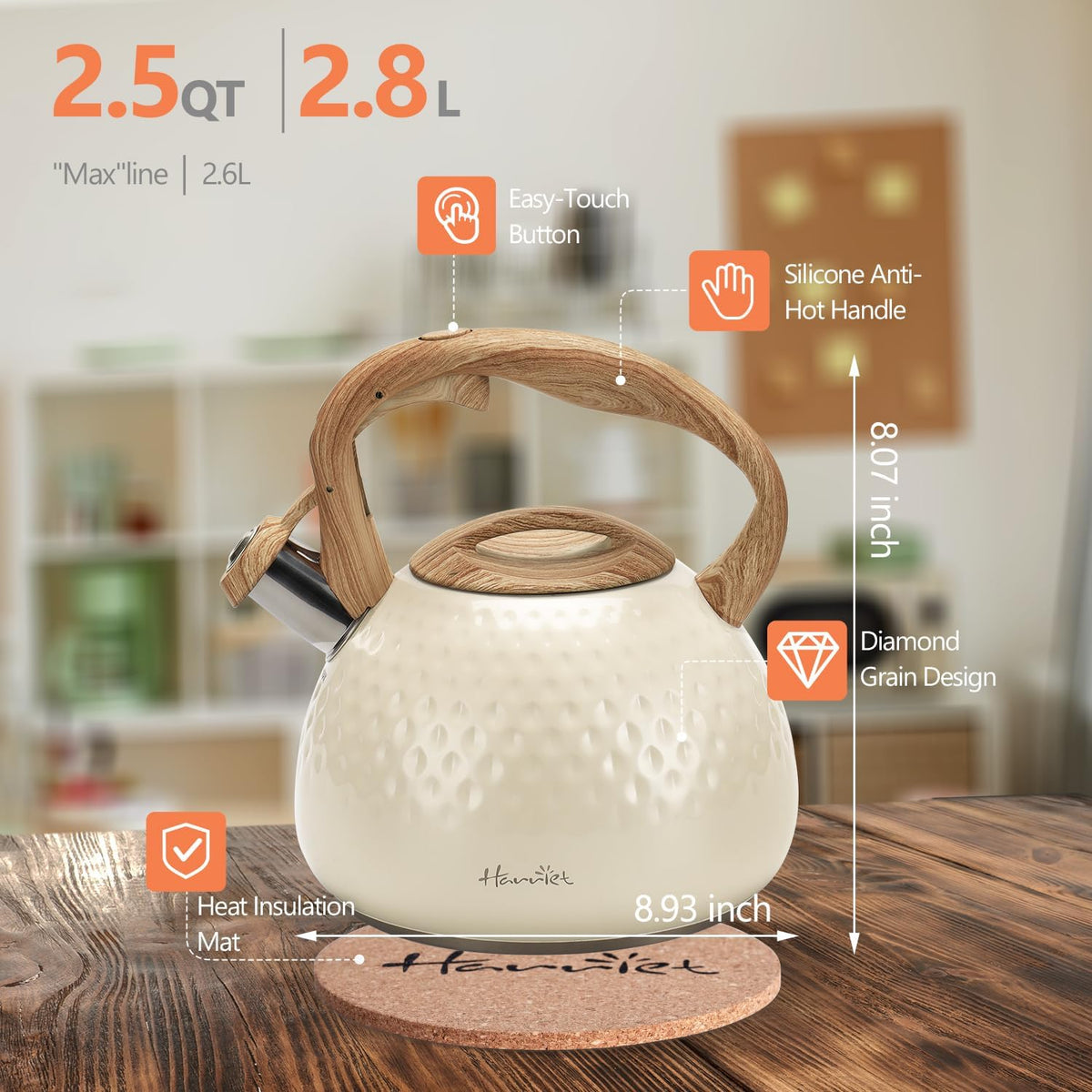 harriet Tea Kettle, Tea Pot for Stovetop, 2.5QT Whistling Kettle with