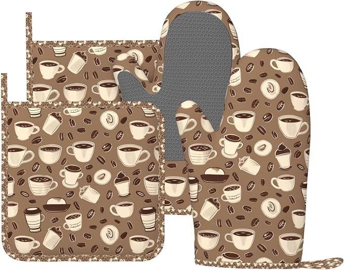 Oven Mitts and Pot Holders Set, Coffee Pattern Bean Silicone Kitchen by DADABULIU
