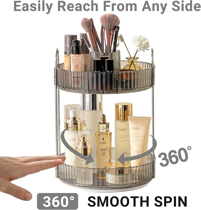 Asayuee 360 Rotating Makeup Organizer, 2 Tier Large Capacity Make Up Organizers - Image 3