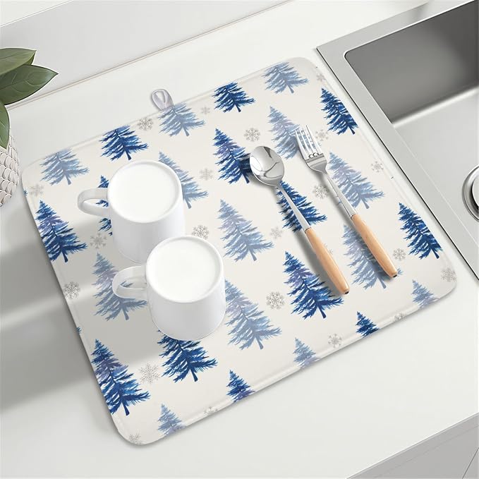 Winter Dish Drying Mat 16 x 18 Inch Blue Tree Dish Drying Pad Absorbent - Image 8