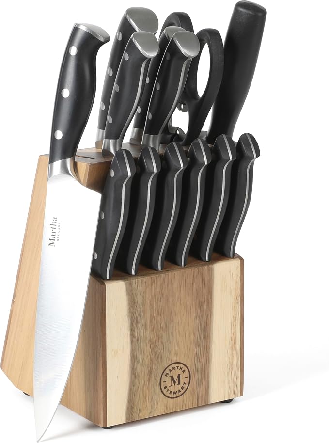 Martha Stewart Greeley 14 pc Triple- Riveted Cutlery Knife Acacia Wood Block by MarthaStewart