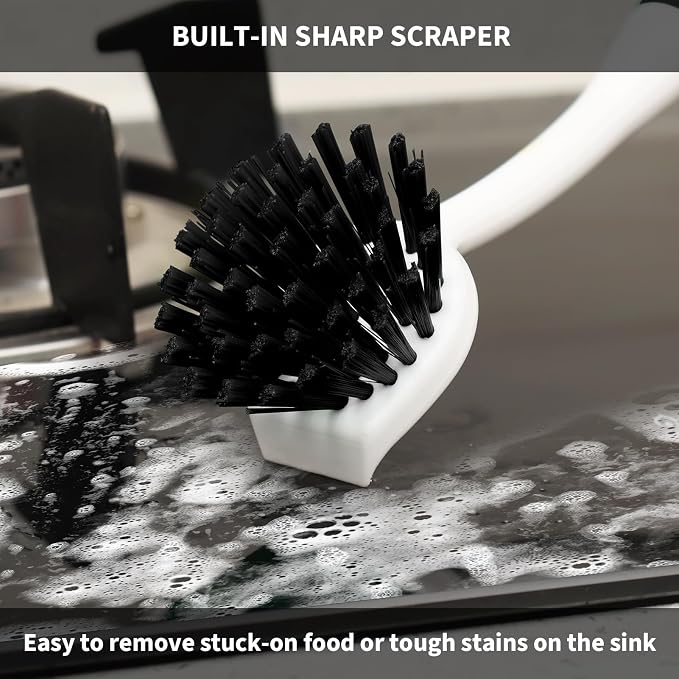 Dish Brush with Handle, 2 Pack Scrub Brushes with Built-in Scraper - Image 3