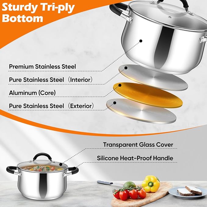 P&P CHEF Stainless Steel Stock Pot, 5 Qt Cooking Soup Pot - Image 3