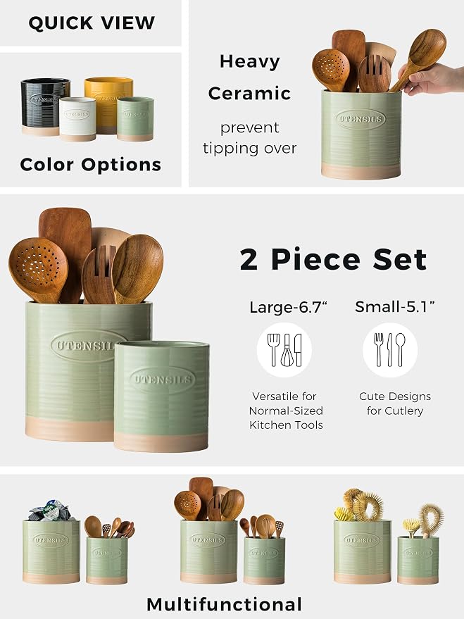 YHOSSEUN Kitchen Utensil Holder, 6.7"+5.1" Ceramic Utensil Holder - Image 2