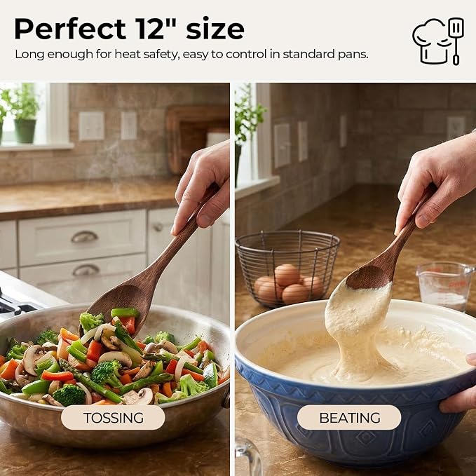 HAKSEN 2PCS Wooden Cooking Spoons, Natural Acacia Wood Kitchen Utensil - Image 2