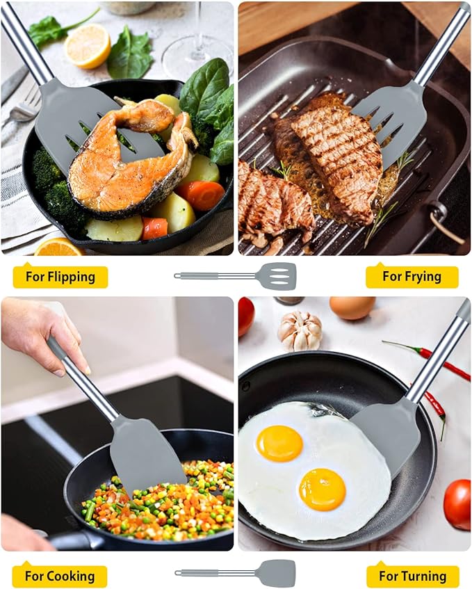 Pack of 2 Silicone Solid Turner, Non Stick Slotted Kitchen Spatulas, High Heat - Image 3