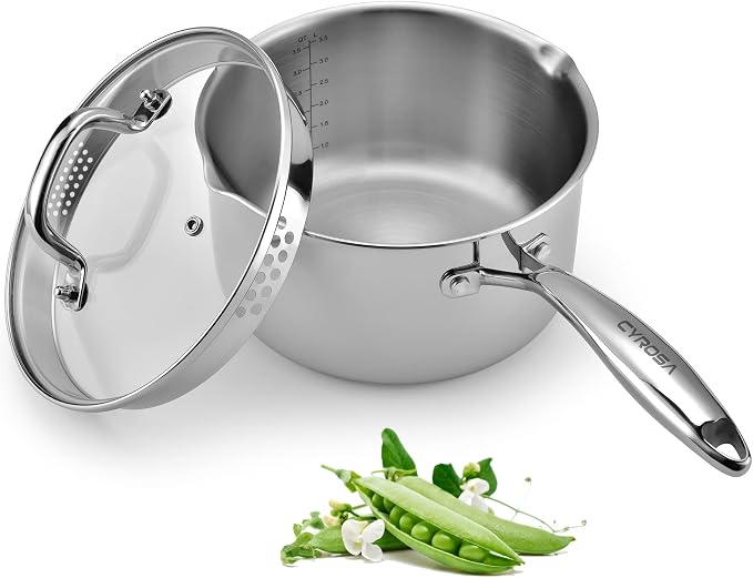 Stainless Steel Saucepan with Glass Lid, 3.5 Quart Multipurpose Sauce Pan by Cyrosa