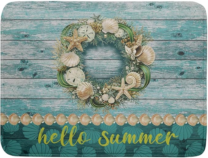Hello Summer Dish Drying Mat for Kitchen Counter, Sea Shell Starfish Coastal by Anyako