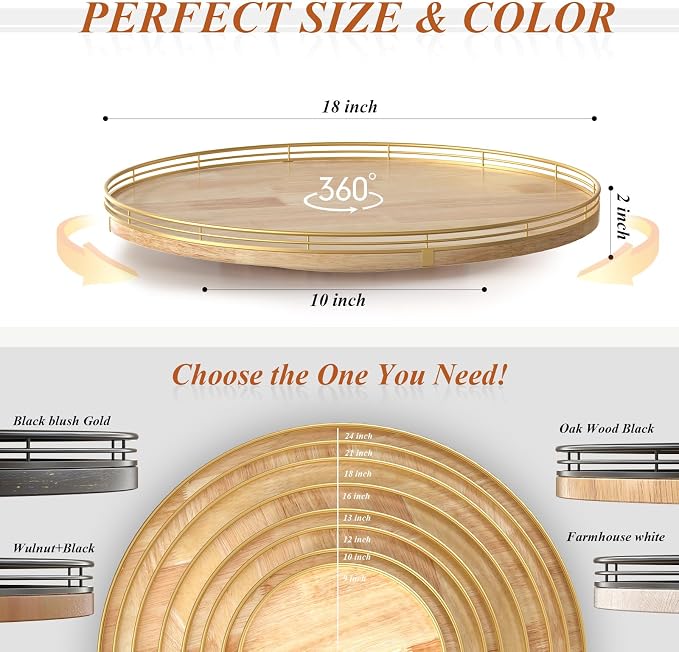 18 Inch Rustic Lazy Susan Turntable – Solid Oak & Iron Wood Rotating Tray - Image 6