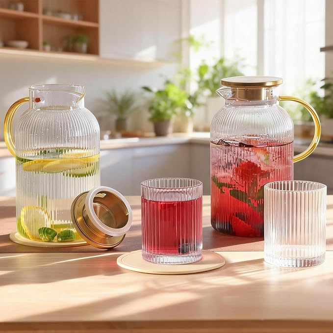 2 Pack Glass Pitcher with Handle and Lid, 68oz/ 2 Liter Classic Stripes Glass - Image 7