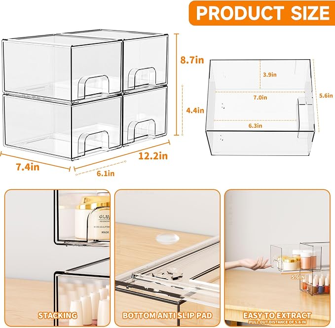 Yieach 4 Pack Clear Stackable Storage Drawers, 4.4'' Tall Acrylic Drawer - Image 3