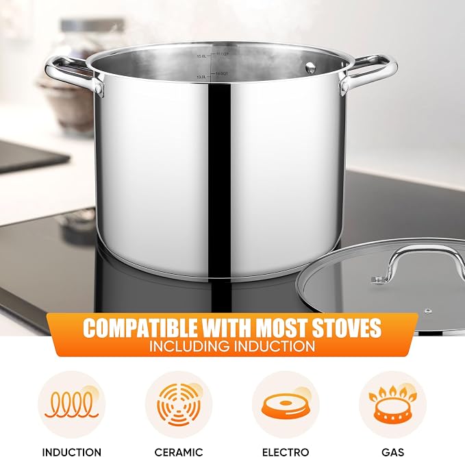 E-far 16 Quart Stainless Steel Stock Pot, Large Heavy Duty Induction Stockpot - Image 5