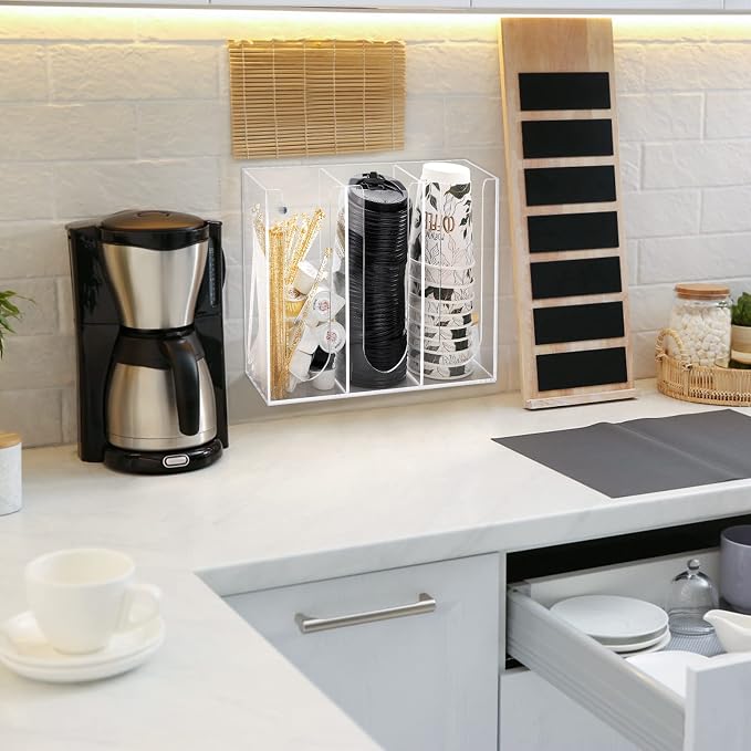 Acrylic Coffee Cup and Lid Storage Organizer, 3 Compartment Disposable Paper - Image 6