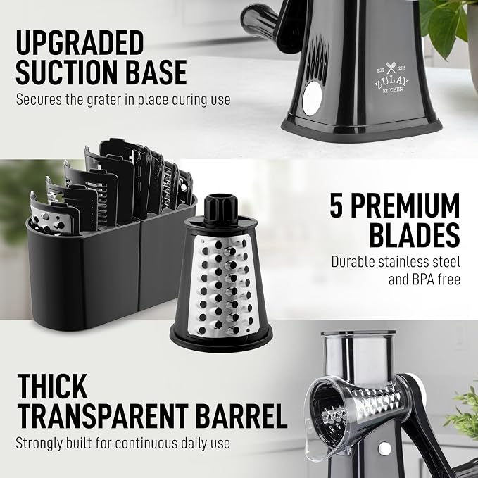 Zulay Kitchen Rotary Cheese Grater 5 Blade Cheese Shredder - Image 7