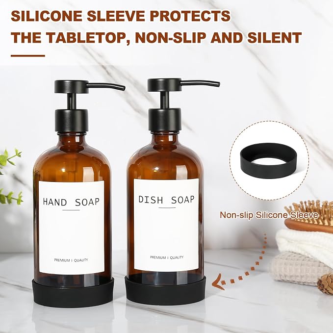 RYTOXILO Hand Soap Dispenser for Bathroom 2 Pack, Amber Glass Soap Dispenser - Image 5