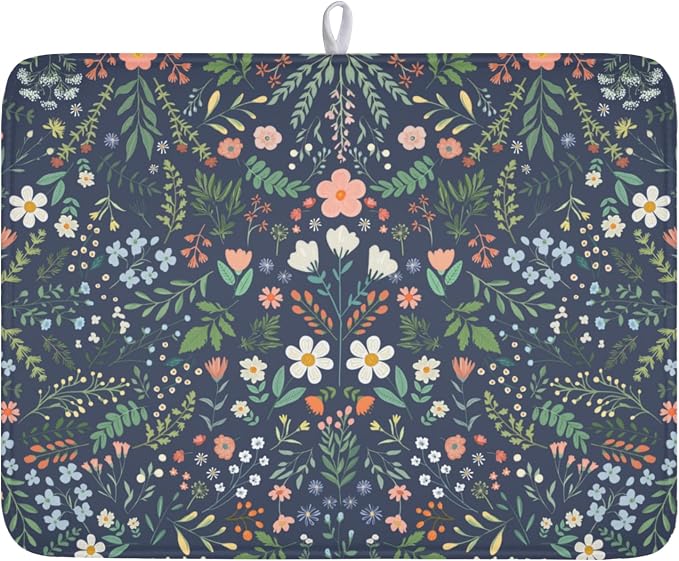 Floral Dish Drying Mat for Kitchen Counter Rustic Flower Leaves Print by Unknown
