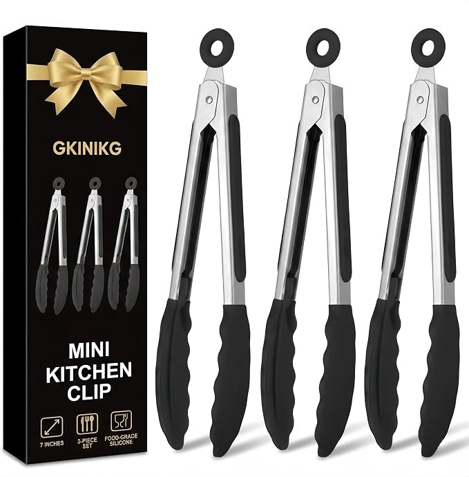 Mini Tongs with Silicone Tips, 7-Inch Small Serving Tongs by GKINIKG