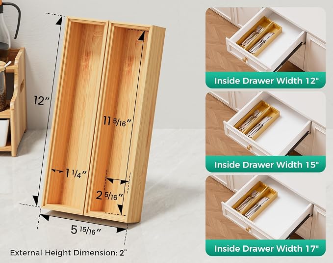 Bamboo Kitchen Drawer Organizer Boxes – 12" x 3" Stackable Wood Silverware - Image 2