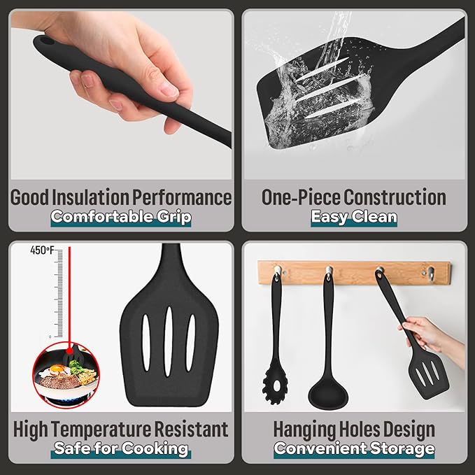 E-far Silicone Cooking Utensils Set, 7-Piece Black Heat Resistant Kitchen - Image 3
