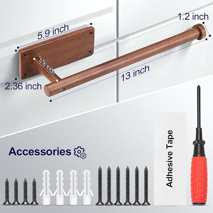 Wooden Paper Towel Holder for Kitchen, Adhesive Acacia Wood Paper Towel Holders - Image 4