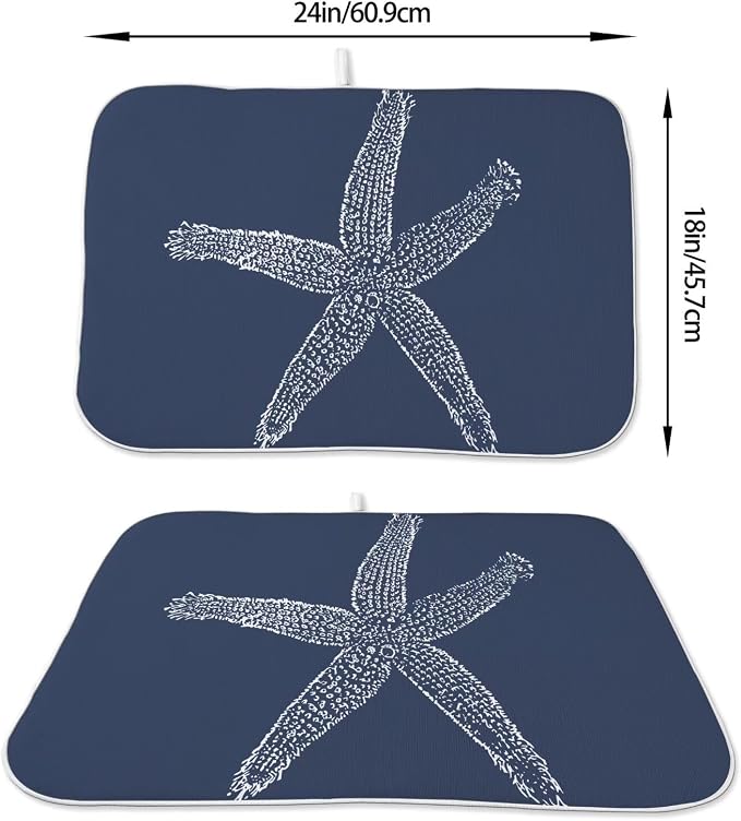Coastal Beach Dish Drying Mat 18 x 24 inch, Summer Navy Blue Starfish - Image 2