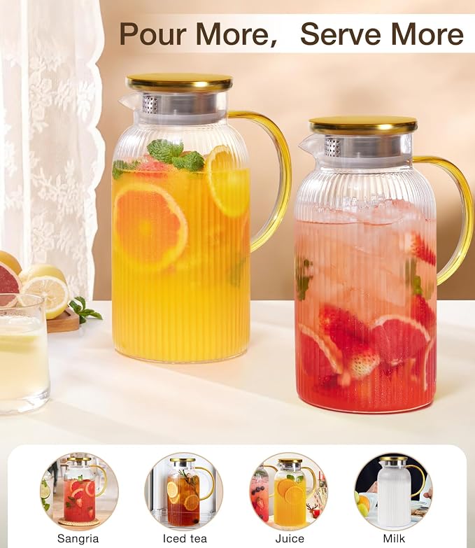 2 PACK Glass Pitcher with Lid 64 oz, Classic Vertical Stripes Pitcher with Lid - Image 5