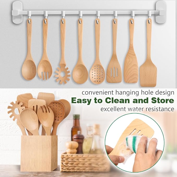 HOWHONG Wooden Spoons for Cooking, Beech Wood Kitchen Utensil Set, Premium - Image 3