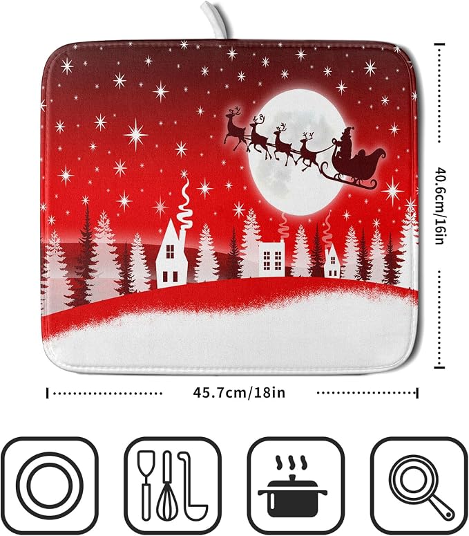 Christmas Reindeer Moon Star Red Dish Drying Mat - Image 2