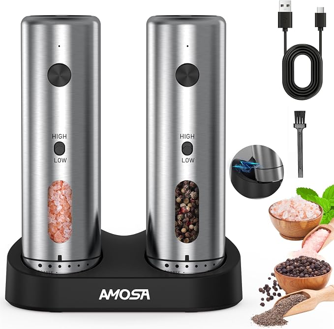 Electric Salt and Pepper Grinder Set, Upgraded 2-Speed Setting, External 6 by AMOSA