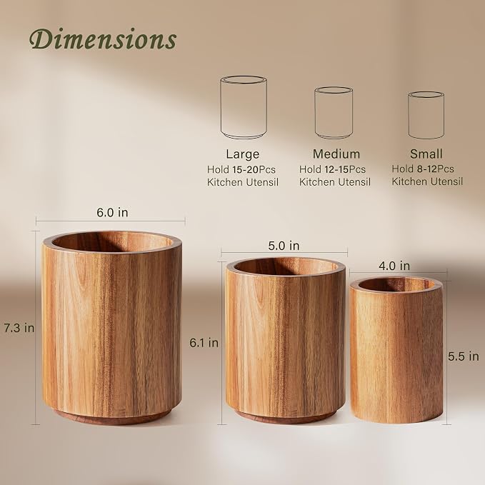 Criusia Utensil Holder 3 Pack, 360° Rotating Acacia Wood Cooking Utensil Crocks - Image 2