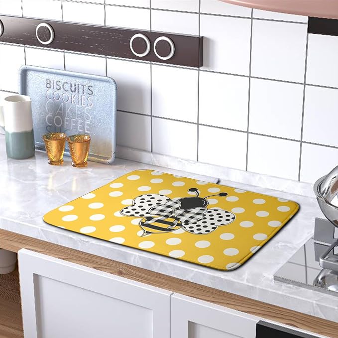 Bee Dish Drying Mat for Kitchen Counter 18x24 Inch Yellow Bumblebee Polka Dots - Image 5