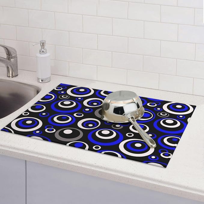 Blue Black White Geometric Circle Dish Drying Mat - Image 2