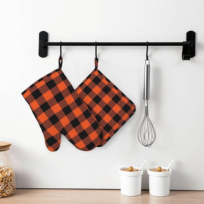 Buffalo Plaid Black and Orange Oven Mitts and Pot Holders Set - Image 7