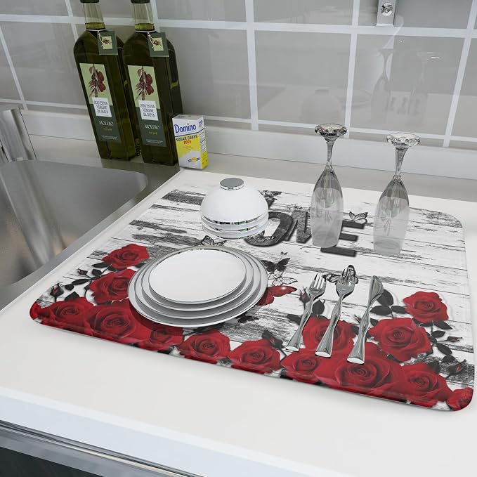 Red Rose Dish Drying Mat 18x24 inch Romantic Floral Absorbent Microfiber Sink - Image 6