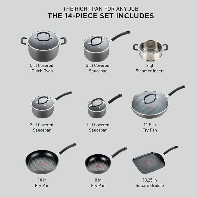 T-fal Ultimate Hard Anodized Nonstick Pots and Pans Set 14 Piece, Oven Broiler - Image 2