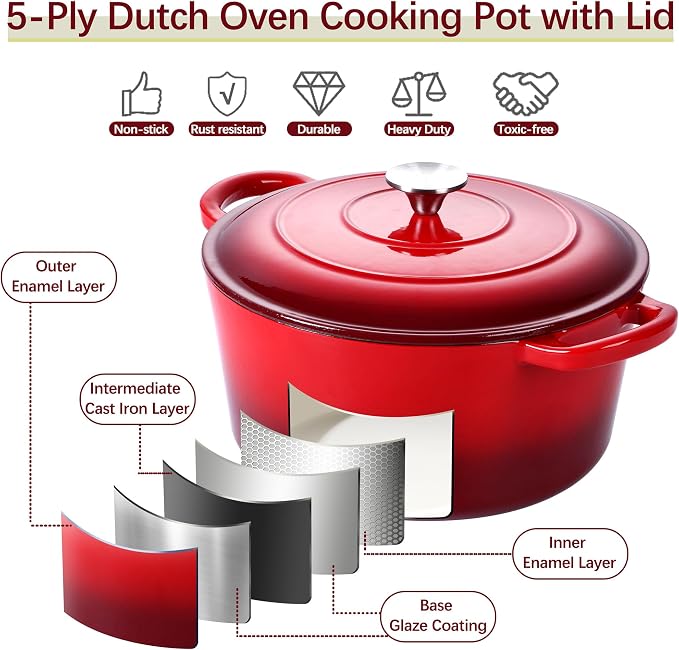 E-far 7QT Enameled Dutch Oven, Cast Iron Dutch Oven Pot - Image 4