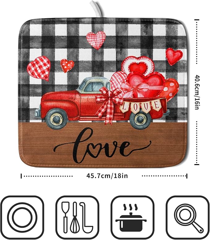 Valentine's Day Red Heart Truck Dish Drying Mat - Image 2
