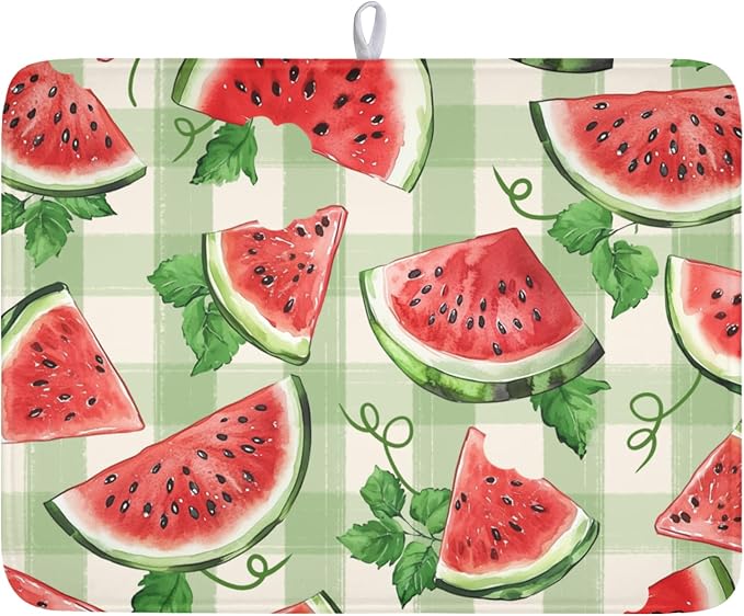 Summer Dish Drying Mat for Kitchen Counter Watercolor Watermelon Green Buffalo by Unknown